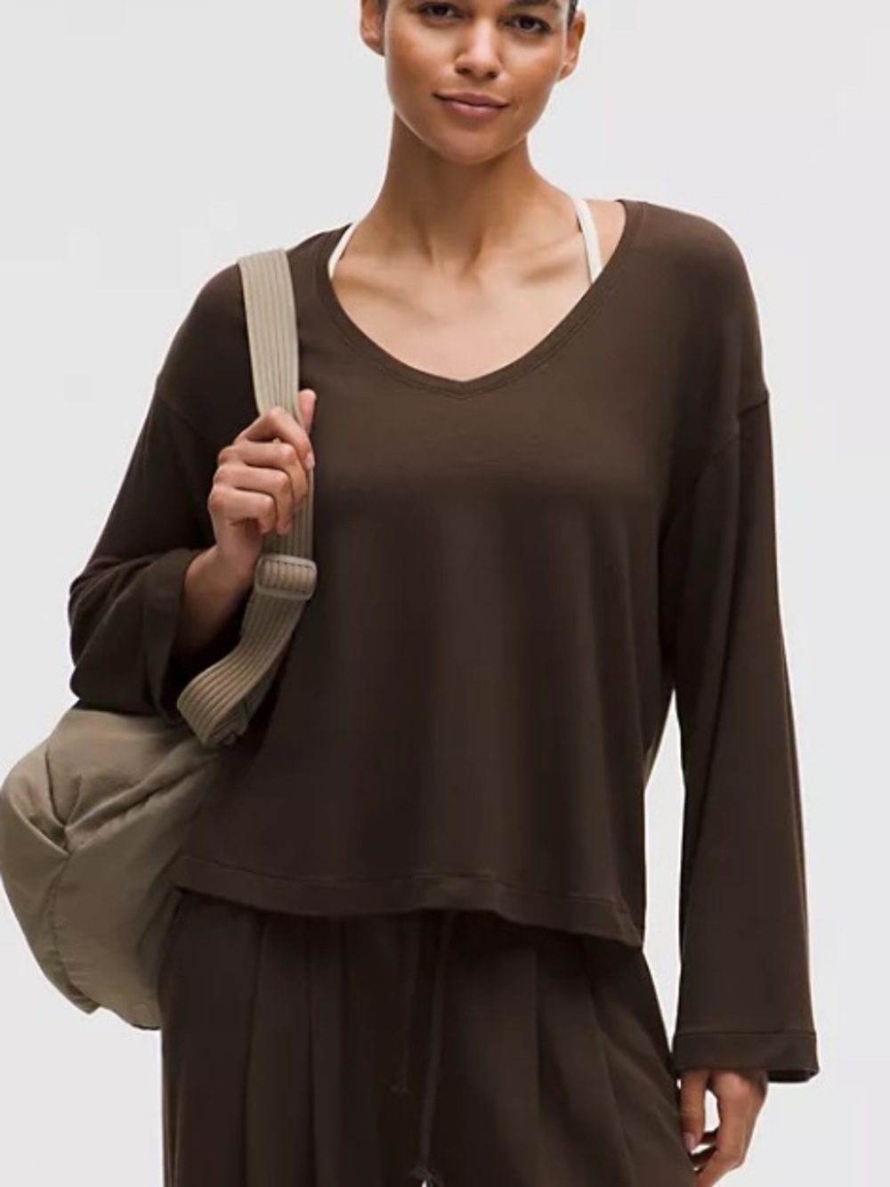 Lululemon BeCalm V-Neck Bell Sleeve Shirt Brown Modal French Terry Cozy SZ S NWT